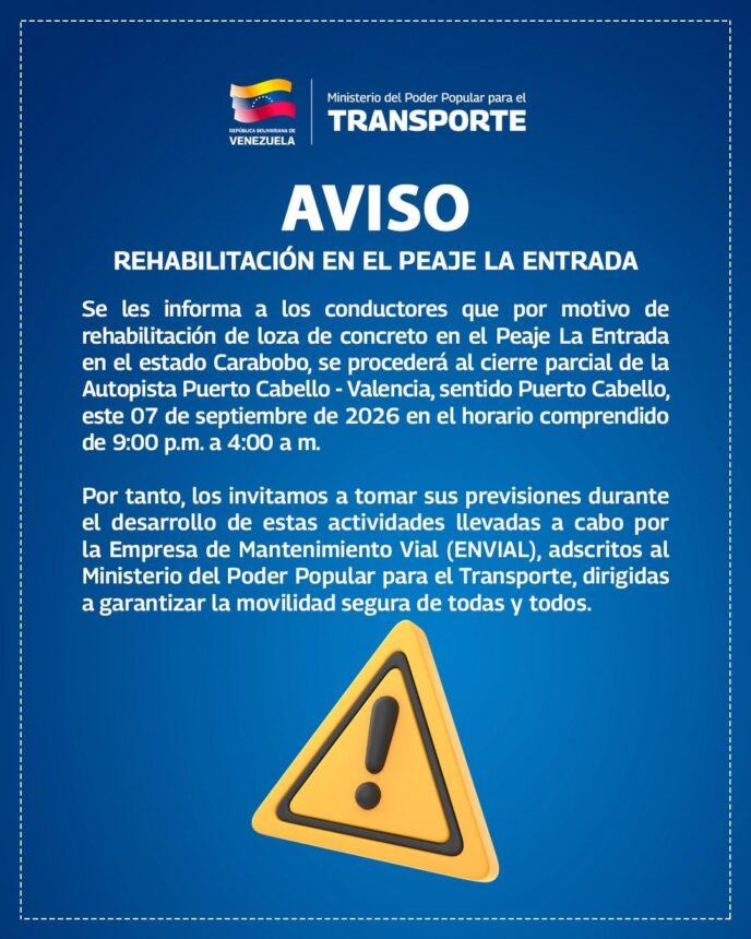 Cierre parcial nocturno en la autopista Puerto Cabello a Valencia por trabajos de rehabilitación